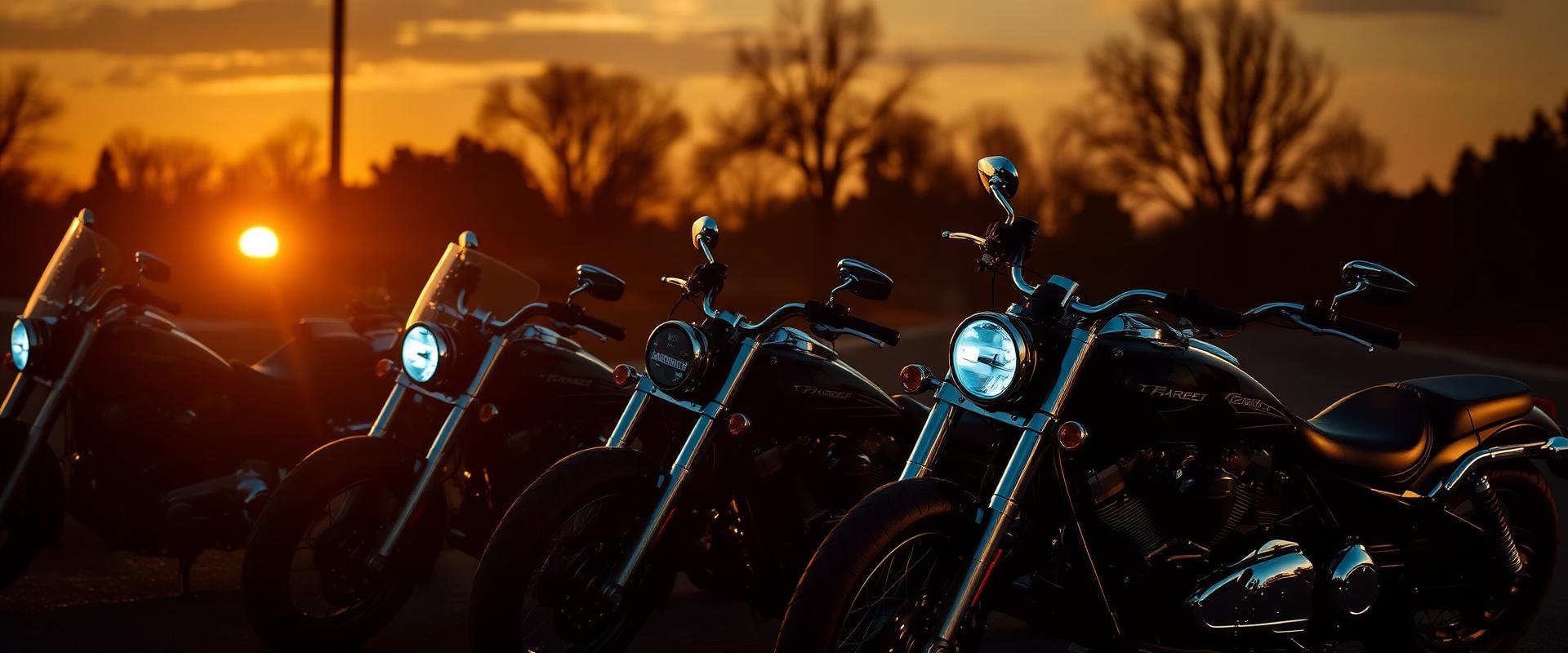 Motorcycles parked at sunset